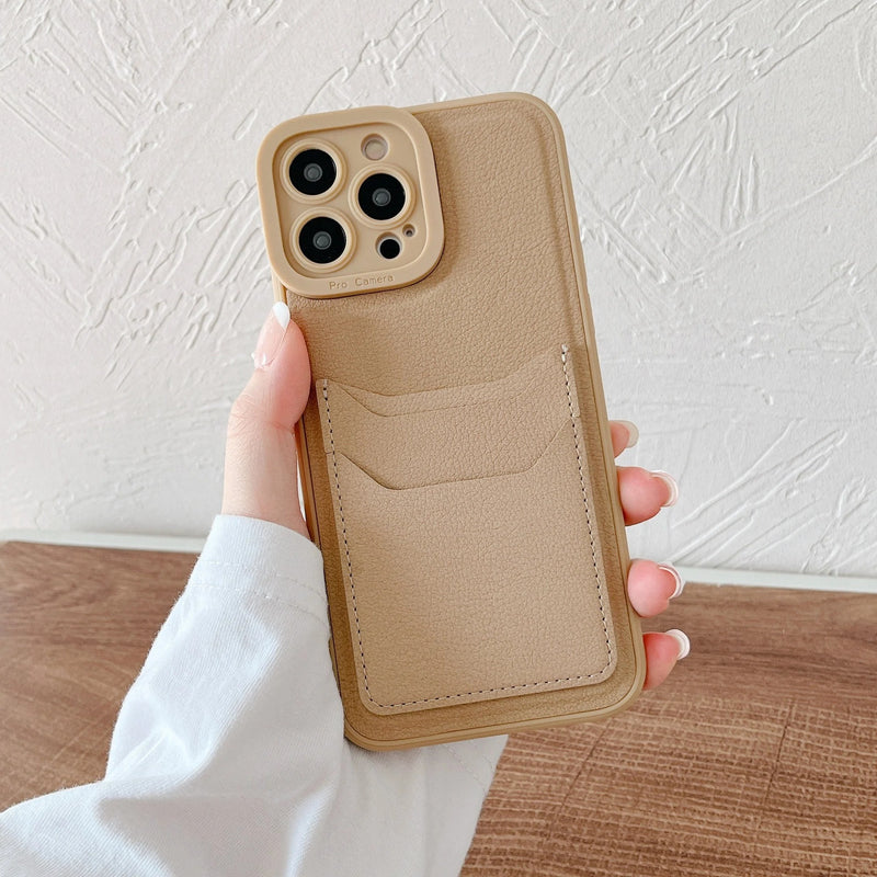 Solid Color PU Leather Card Holder Soft iPhone Case