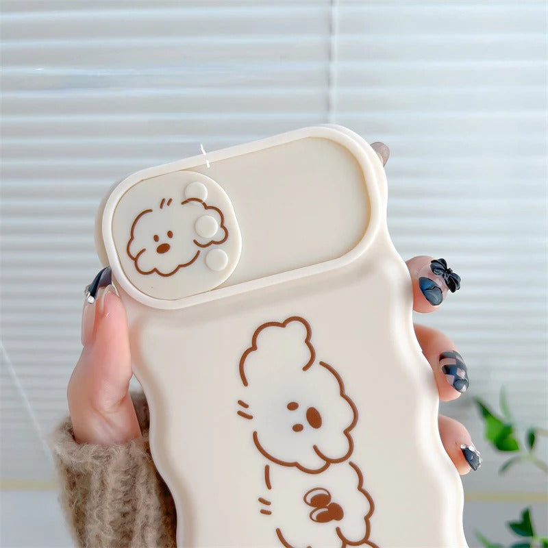Cute Dog Puppy Curly Wave Frame Slide Lens Camera Cover Protection Soft iPhone Case