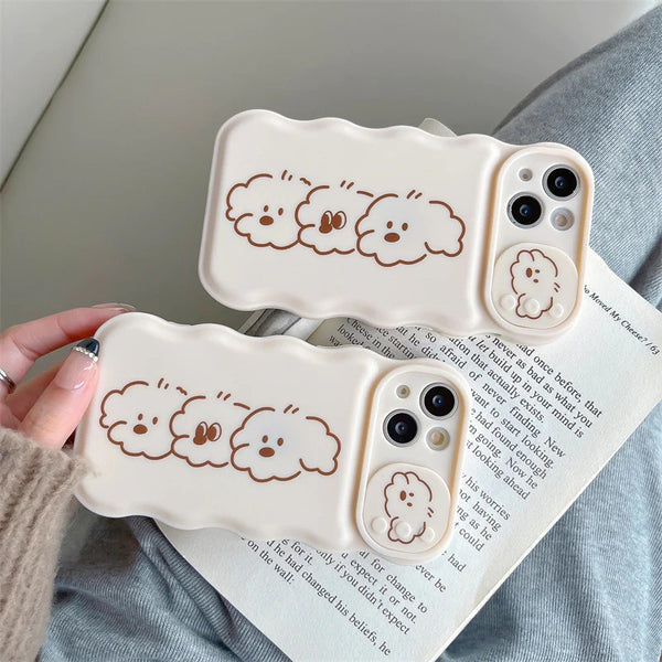 Cute Dog Puppy Curly Wave Frame Slide Lens Camera Cover Protection Soft iPhone Case