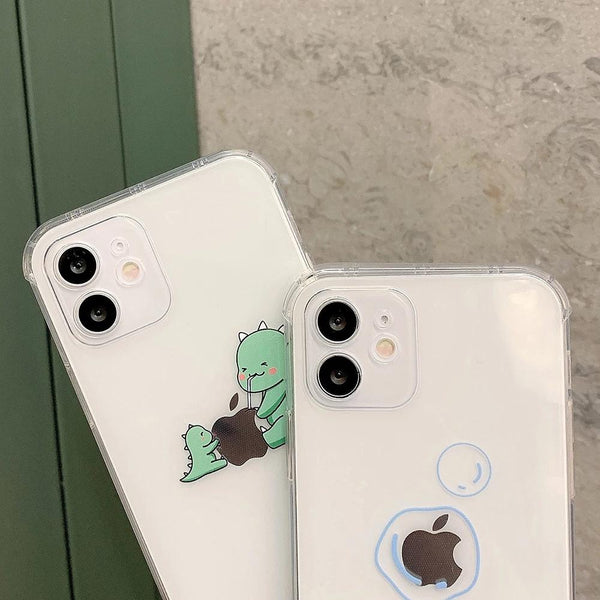 Cute Cartoon Green Dinosaur Square Transparent Soft Phone Case Back Cover for iPhone