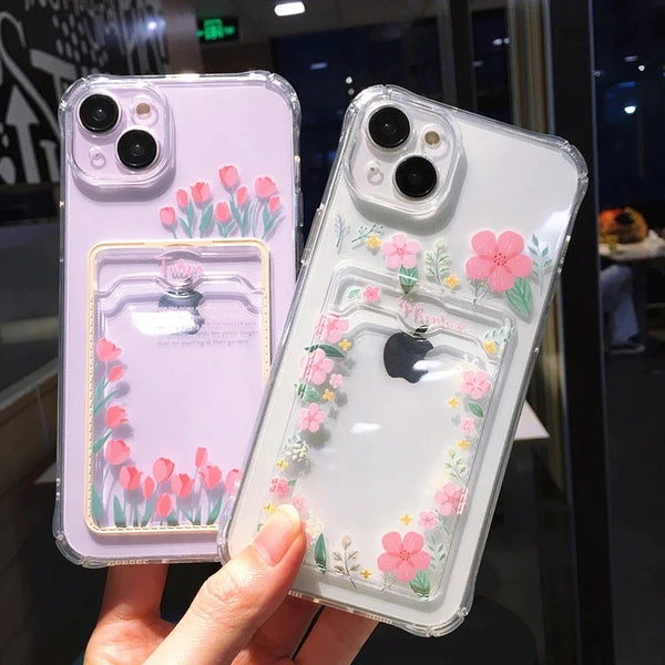 Cute Flower Floral Card Holder Clear Soft iPhone Case