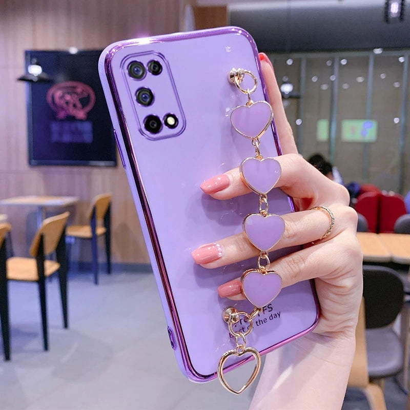 Cute Plating Love Heart Wrist Chain Samsung Case