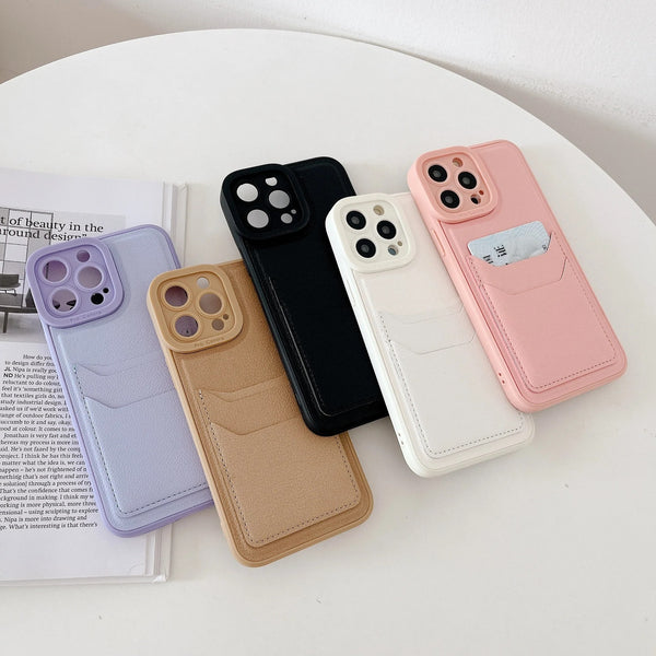 Solid Color PU Leather Card Holder Soft iPhone Case