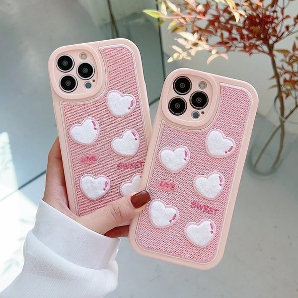 Cute Embroidery Love Heart Soft iPhone Case