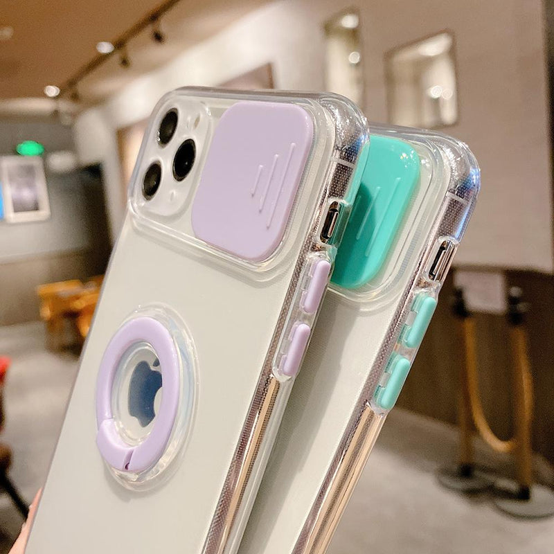 Candy Color Ring Holder Slide Lens Camera Protection Clear Soft Phone Case Back Cover for iPhone