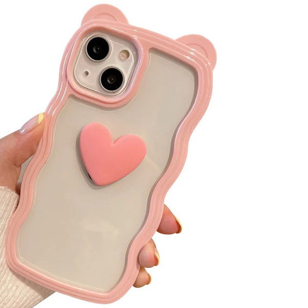 Cute 3D Love Heart Cat Ear Curly Wave Frame Clear Soft iPhone Case