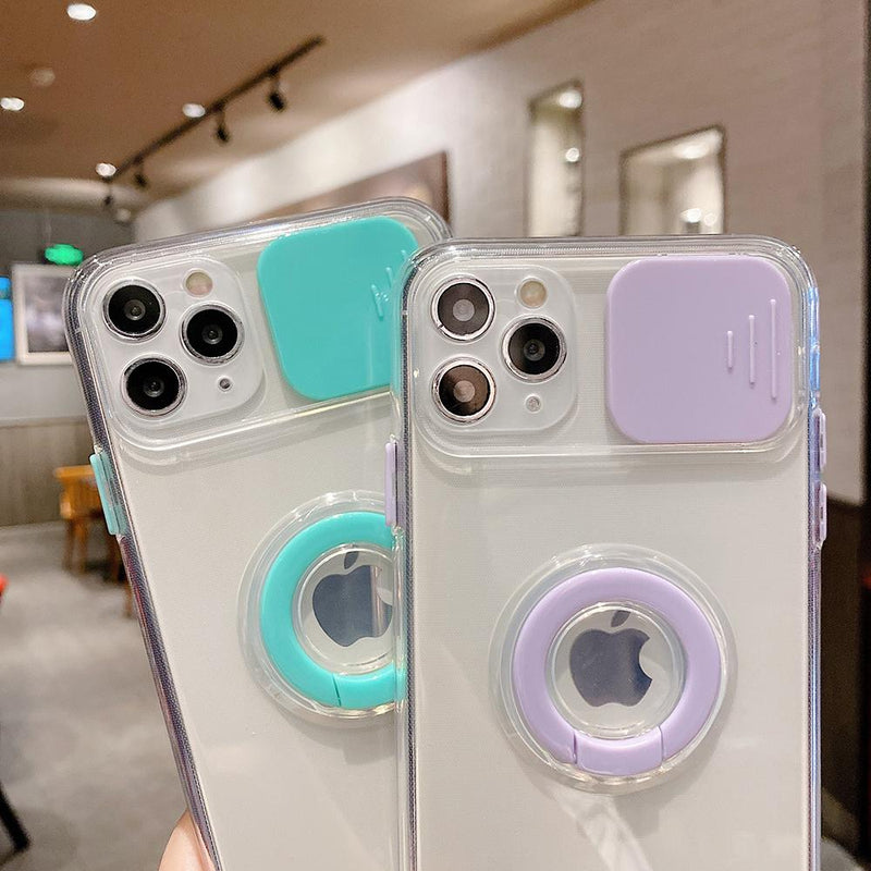 Candy Color Ring Holder Slide Lens Camera Protection Clear Soft Phone Case Back Cover for iPhone