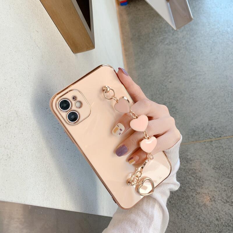 Electroplated Love Heart Wrist Strap Soft Phone Case Back Cover for iPhone