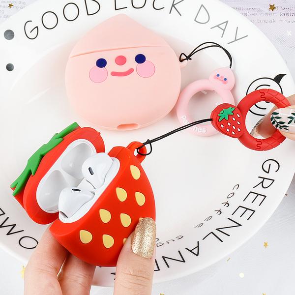 Cartoon Strawberry Peach with Ring Lanyard AirPods Case