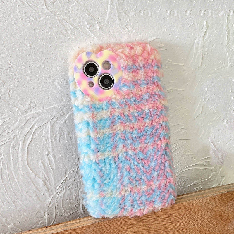 Cute Warm Coloful Grid Plush Fluffy Soft iPhone Case