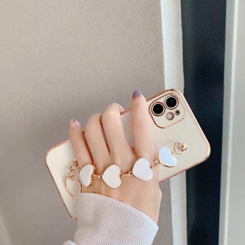 Electroplated Love Heart Wrist Strap Soft Phone Case Back Cover for iPhone