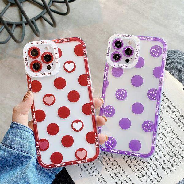 Cute Love Heart Polka Dot Camera Lens Protective Soft Phone Case Back Cover for iPhone