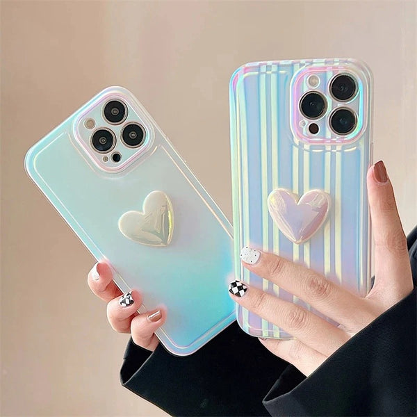 3D Love Heart Rainbow Gradient Laser Soft Soft iPhone Case