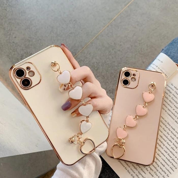 Electroplated Love Heart Wrist Strap Soft Phone Case Back Cover for iPhone