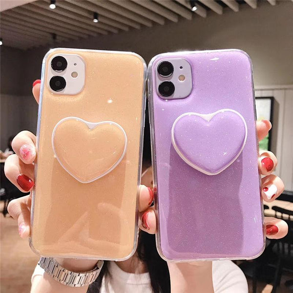 Glitter Love Heart Candy Color Stand Holder Soft Silicone iPhone Case