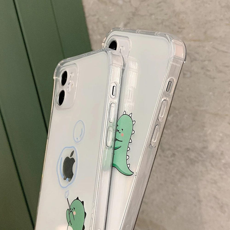 Cute Cartoon Green Dinosaur Square Transparent Soft Phone Case Back Cover for iPhone