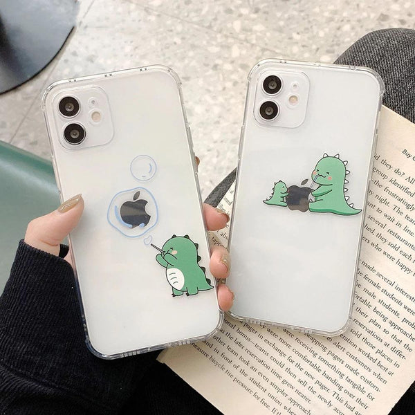 Cute Cartoon Green Dinosaur Square Transparent Soft Phone Case Back Cover for iPhone