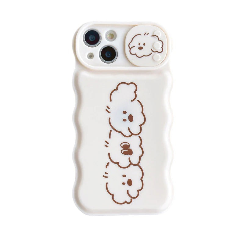 Cute Dog Puppy Curly Wave Frame Slide Lens Camera Cover Protection Soft iPhone Case