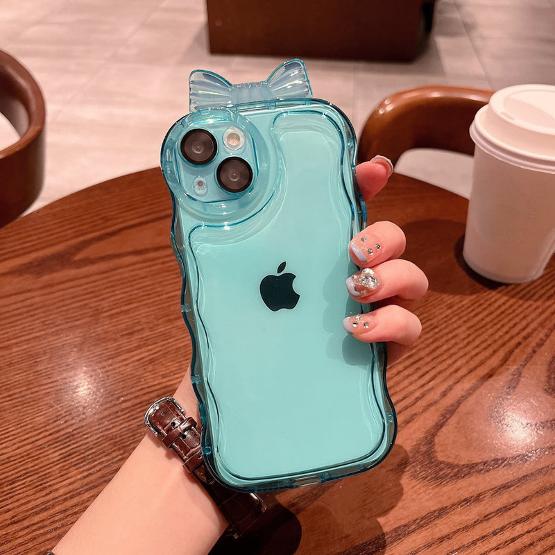 Cute Bow Knot Curly Wave Frame Clear Soft iPhone Case