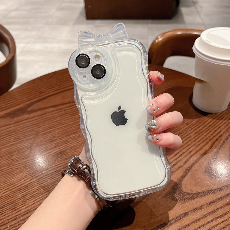Cute Bow Knot Curly Wave Frame Clear Soft iPhone Case