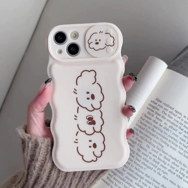 Cute Dog Puppy Curly Wave Frame Slide Lens Camera Cover Protection Soft iPhone Case