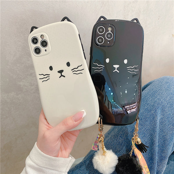 Cute 3D Cat With Wrist Holder Phone Case Back Cover for iPhone