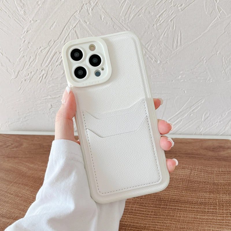 Solid Color PU Leather Card Holder Soft iPhone Case