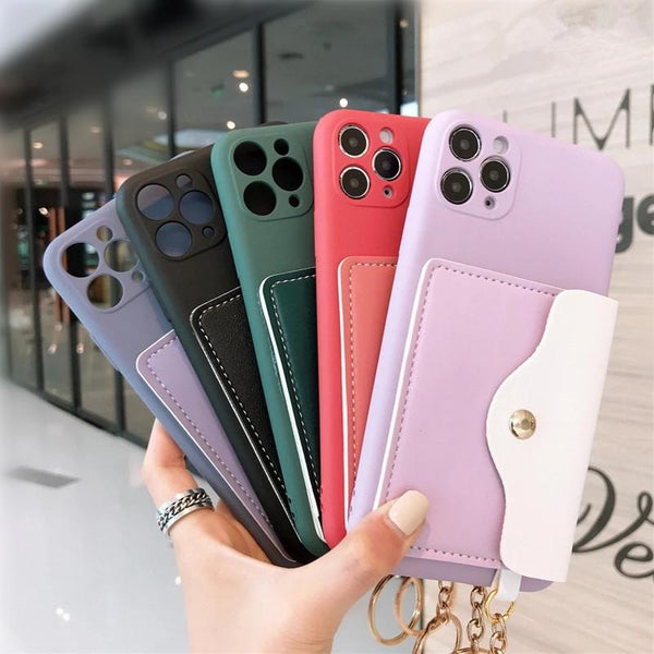 Solid Color Wallets Card Holder Soft Phone Case Back Cover for iPhone