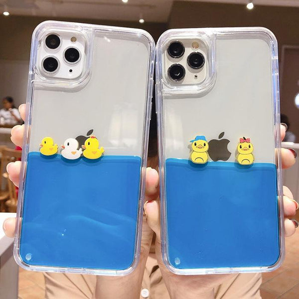 Cute Swimming Duck Liquid Quicksand Soft Phone Case Back Cover for iPhone