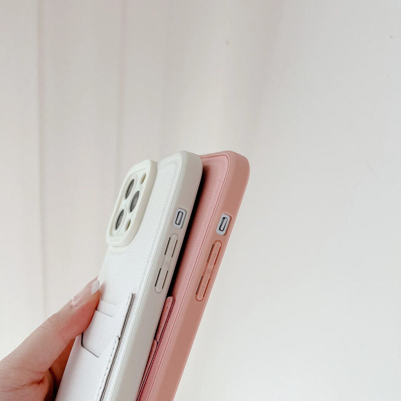 Solid Color PU Leather Card Holder Soft iPhone Case