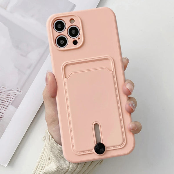 Liquid Silicone Wallet Card Holder Soft Phone Case Back Cover for iPhone