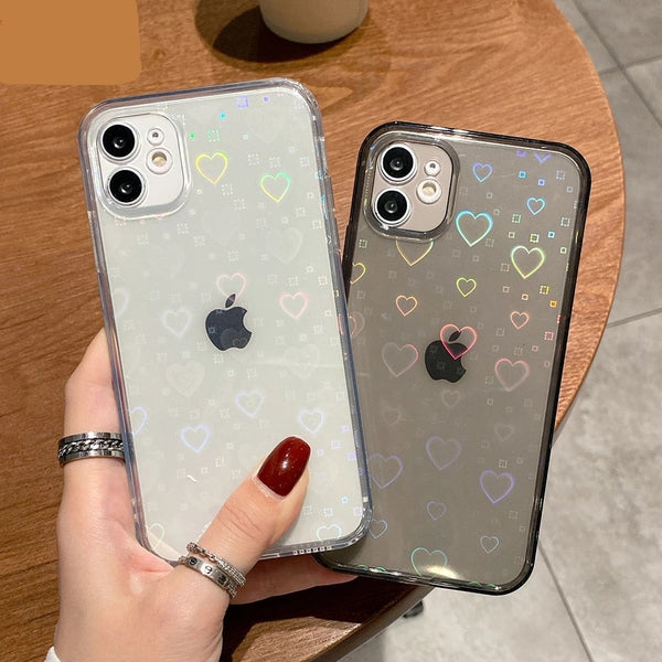 Gradient Laser Love Heart Leaf Pattern Clear Soft Phone Case Back Cover for iPhone