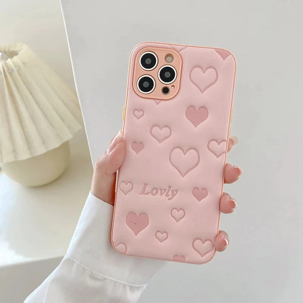 Cute Embossing 3D Love Heart PU Leather Soft iPhone Case