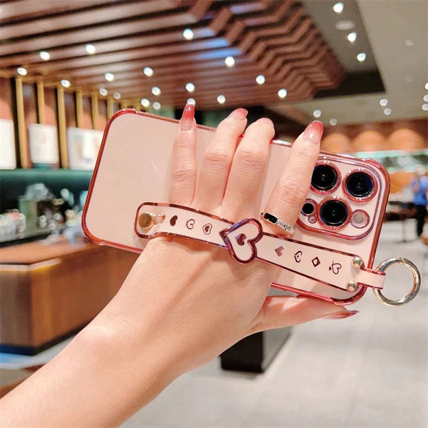 Plating Love Heart Wrist Strap Chain Bracelet Soft iPhone Case