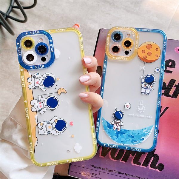 Cute Astronaut Colorful Frame Shockproof Silicone Clear Soft Phone Case for iPhone