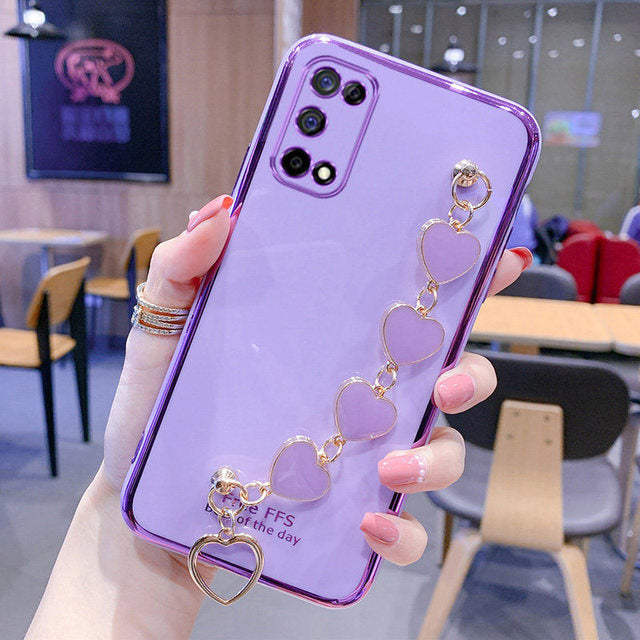 Cute Plating Love Heart Wrist Chain Samsung Case