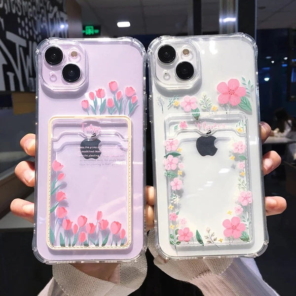 Cute Flower Floral Card Holder Clear Soft iPhone Case
