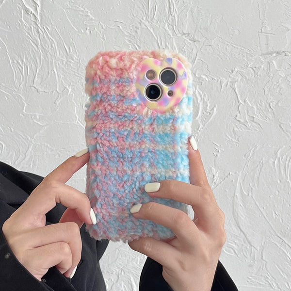 Cute Warm Coloful Grid Plush Fluffy Soft iPhone Case