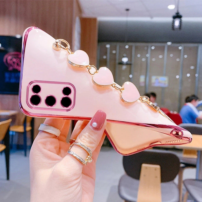 Cute Plating Love Heart Wrist Chain Samsung Case