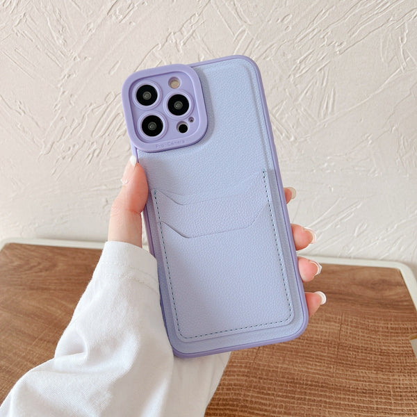 Solid Color PU Leather Card Holder Soft iPhone Case