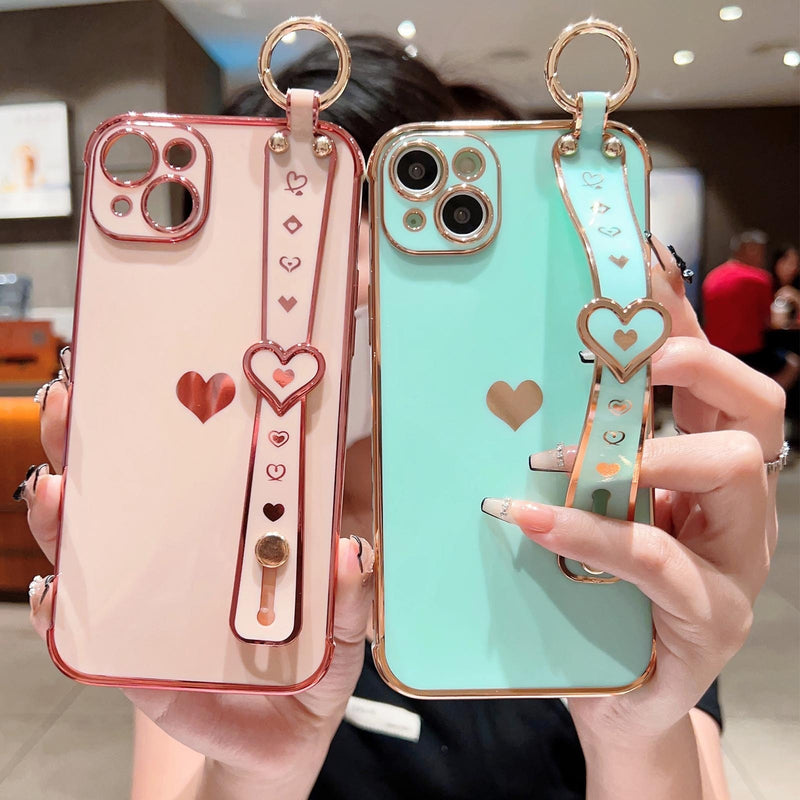 Plating Love Heart Wrist Strap Chain Bracelet Soft iPhone Case