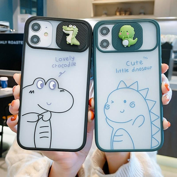 Cute Dinosaur Camera Lens Protective Matte Couple Matching Soft Phone Case Back Cover for iPhone