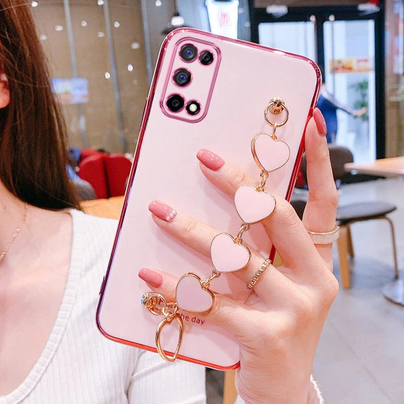 Cute Plating Love Heart Wrist Chain Samsung Case