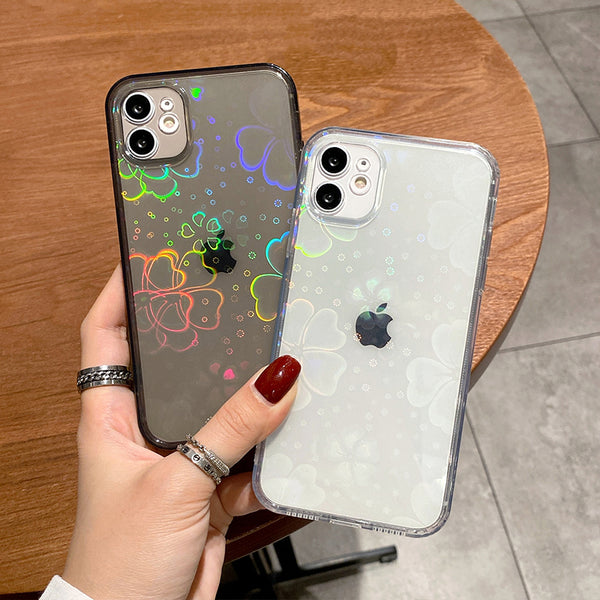Gradient Laser Love Heart Leaf Pattern Clear Soft Phone Case Back Cover for iPhone