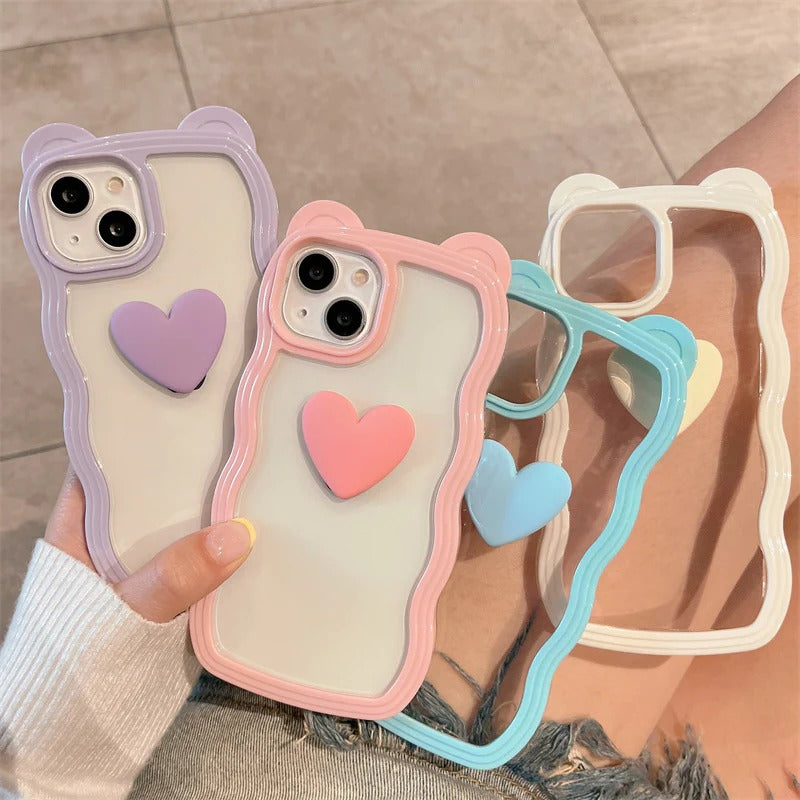 Cute 3D Love Heart Cat Ear Curly Wave Frame Clear Soft iPhone Case