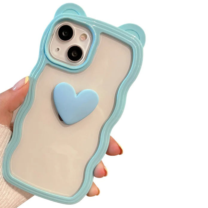 Cute 3D Love Heart Cat Ear Curly Wave Frame Clear Soft iPhone Case