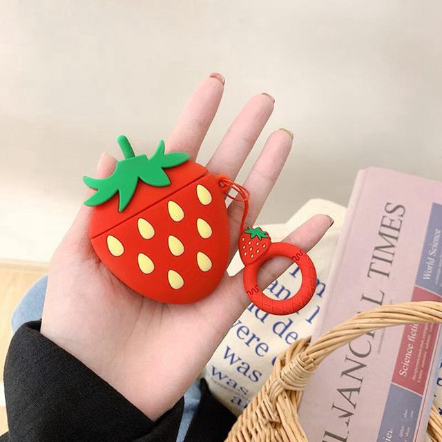 Cartoon Strawberry Peach with Ring Lanyard AirPods Case