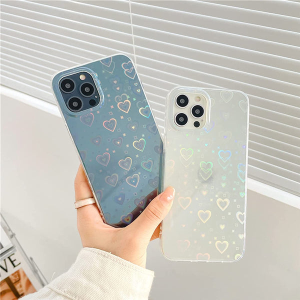 Cute Glitter Gradient Laser Love Heart Pattern Clear Soft iPhone Case