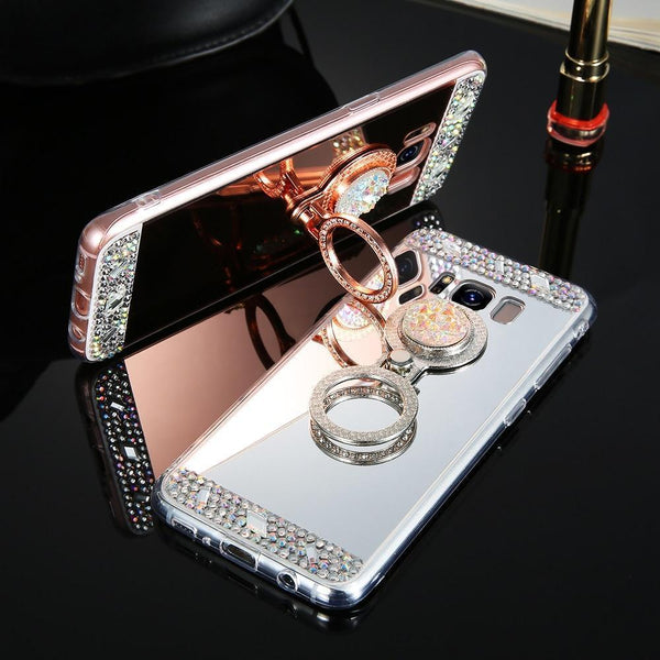 Cute Glitter Mirror Rhinestone Ring Holder Samsung Case